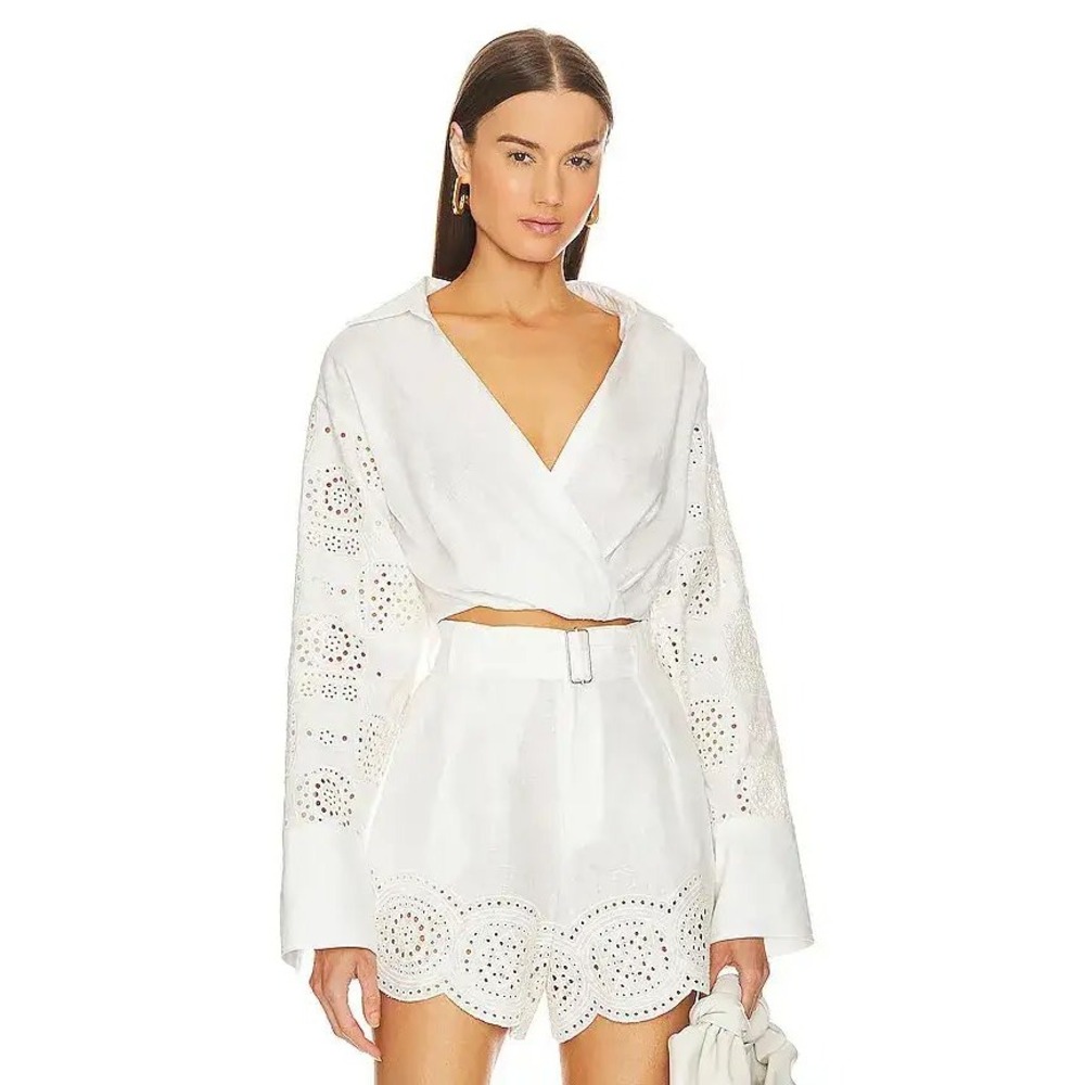 A.L.C. Mason Top Eyelet Embroidered Linen Ivory Size 6 Coastal Preppy Resort